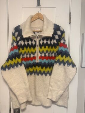 aerie Cream Half-Zip Sweater with Navy, Lime, Red & Sky Blue Fair Isle